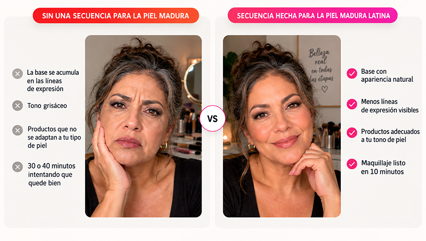 Comparación antes y después: a la izquierda, sin una secuencia para la piel madura, la base se acumula en las líneas de expresión, tono grisáceo, productos que no se adaptan y 30 a 40 minutos de maquillaje; a la derecha, con la secuencia hecha para la piel madura latina, base con apariencia natural, menos líneas de expresión visibles, productos adecuados a tu tono y maquillaje listo en 10 minutos.