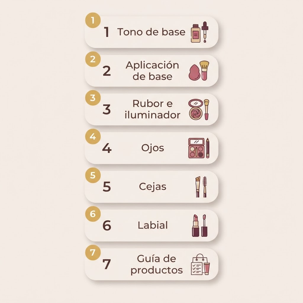 Las 7 clases del Método Latina Ageless en orden: tono de base, aplicación de base, rubor e iluminador, ojos, cejas, labial y guía de productos.